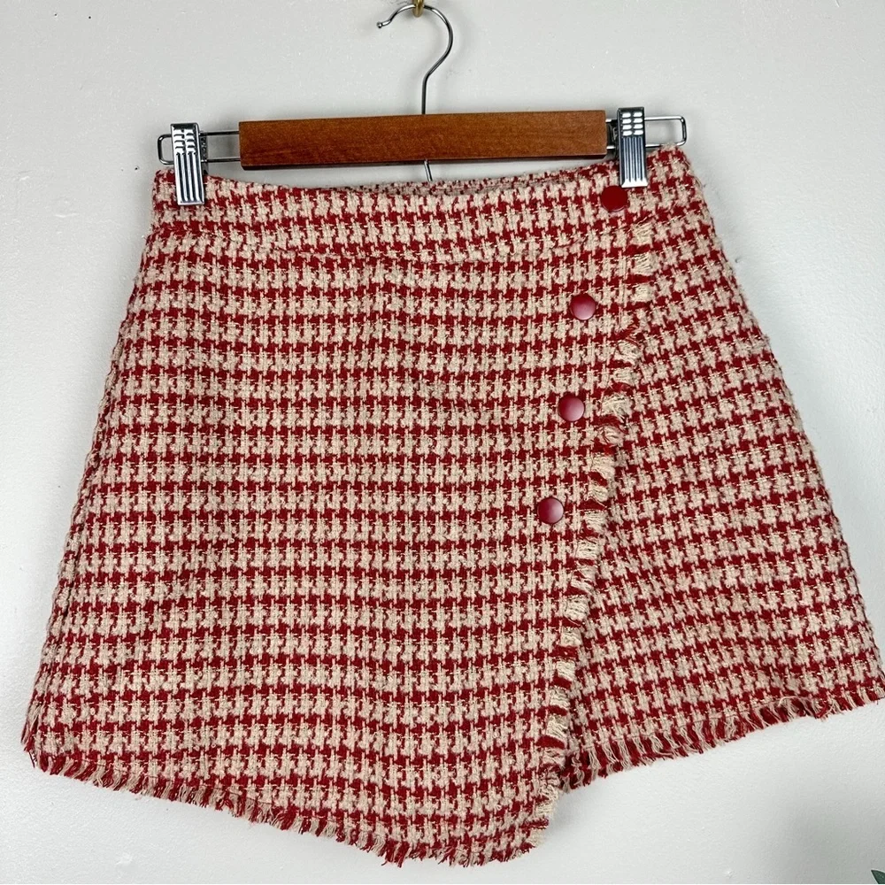 Women Modern Surplice Tweed Textured Mini Skort Houndstooth Skirt Red